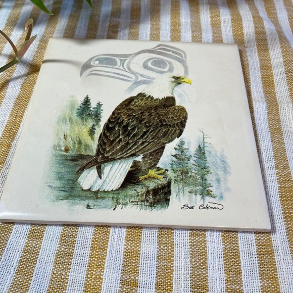 Vintage THE EAGLE By Sue Coleman Native Design Tile And Cork Trivet Wall - Picture 1 of 5